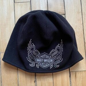 Vintage Harley-Davidson Reversible Black Fleece Beanie with Rhinestone Wings